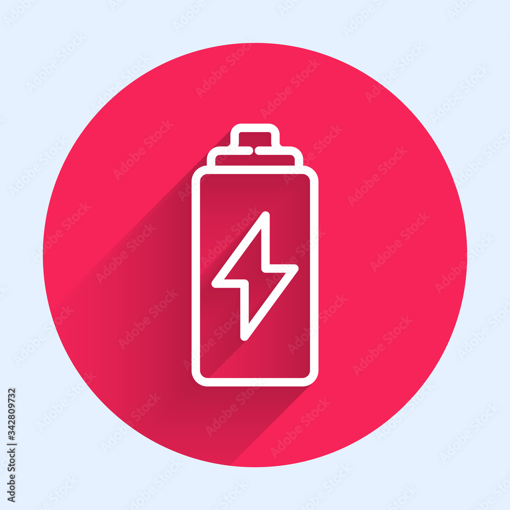 White line Battery icon isolated with long shadow. Lightning bolt symbol. Red circle button. Vector 