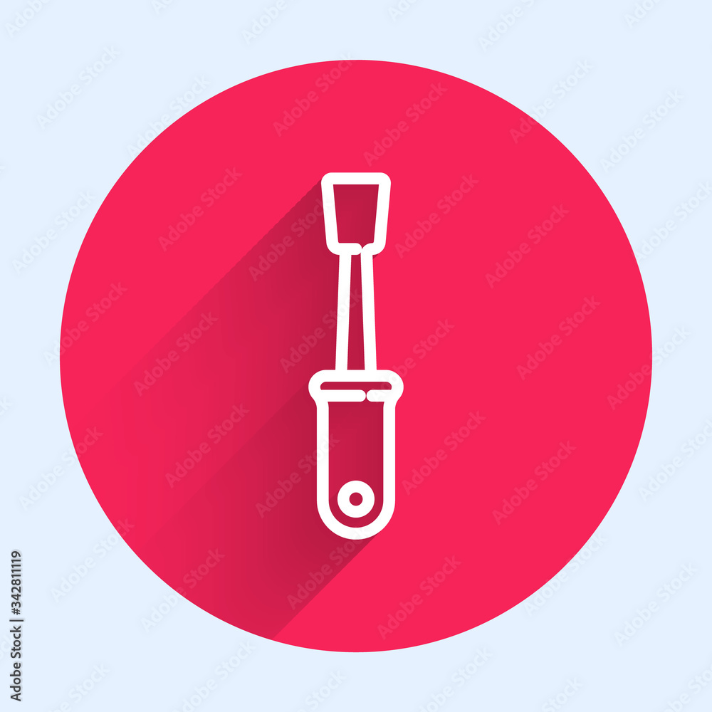 White line Screwdriver icon isolated with long shadow. Service tool symbol. Red circle button. Vecto