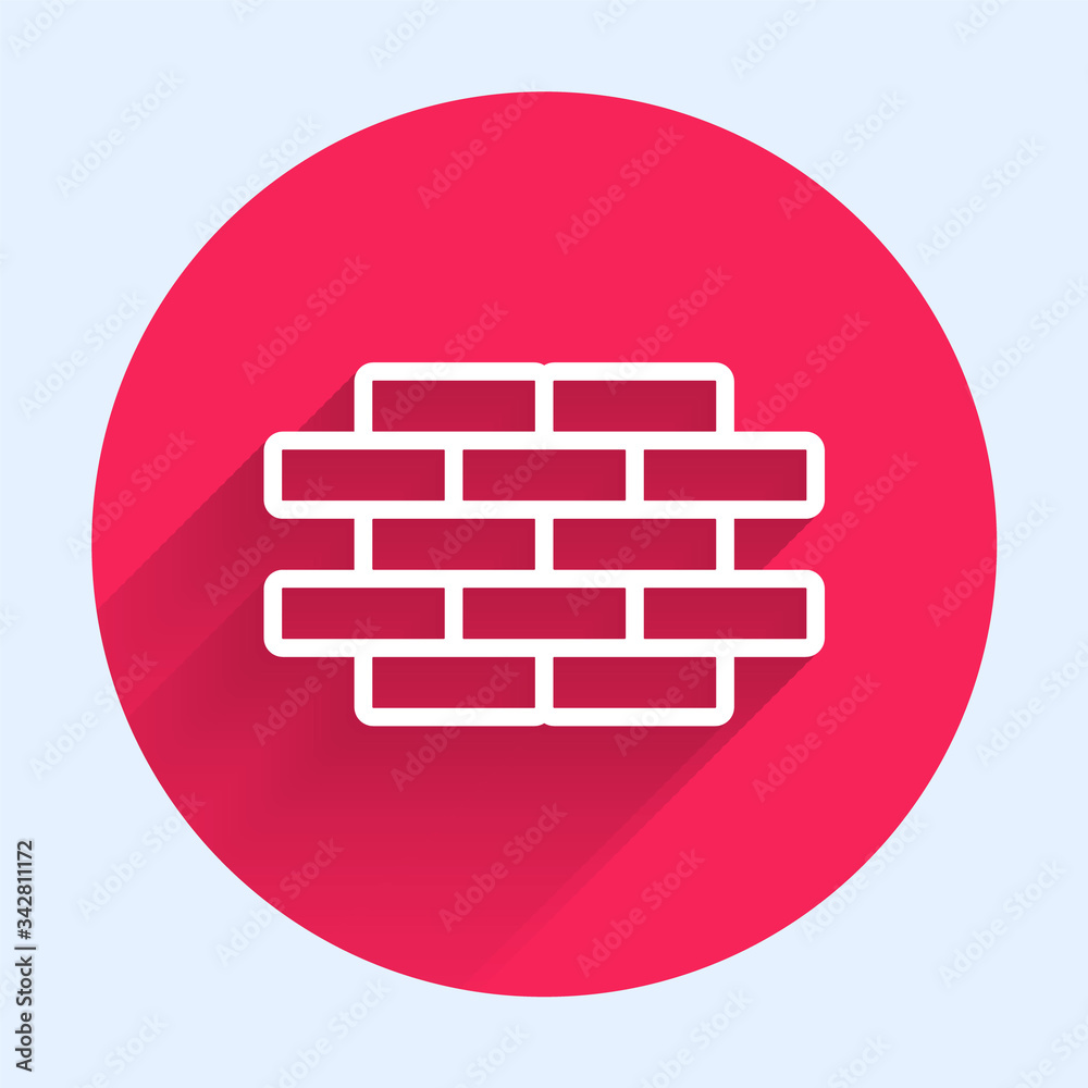 White line Bricks icon isolated with long shadow. Red circle button. Vector Illustration