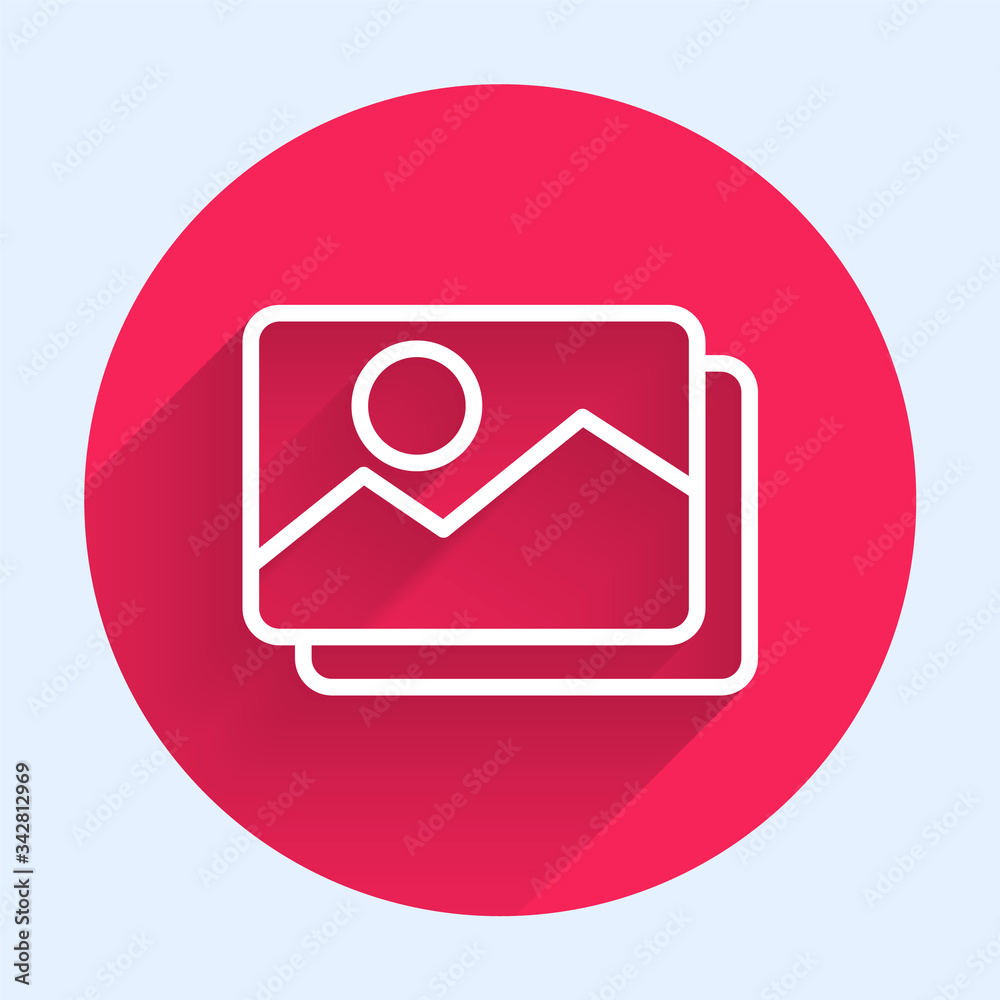 White line Picture landscape icon isolated with long shadow. Red circle button. Vector Illustration