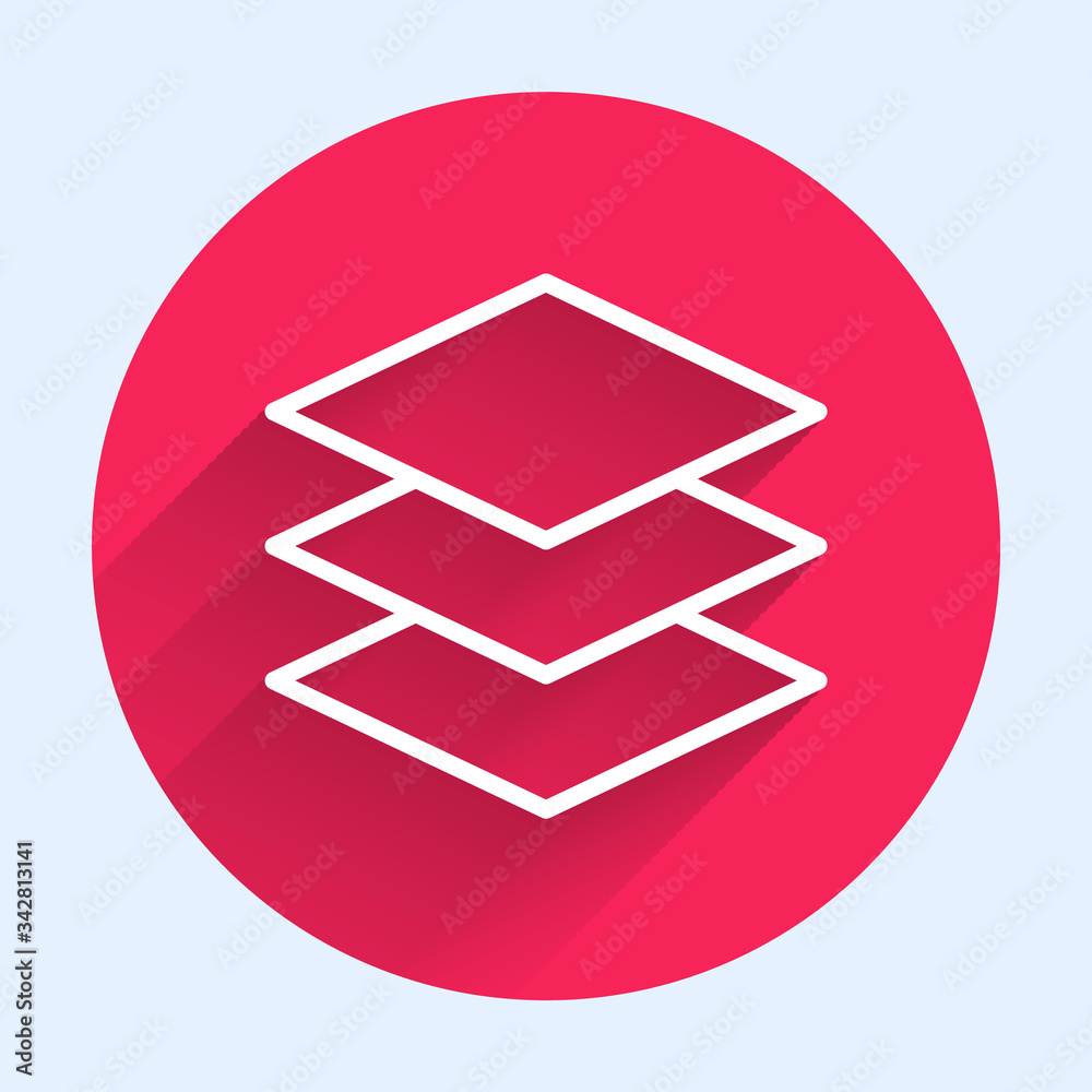 White line Layers icon isolated with long shadow. Red circle button. Vector Illustration