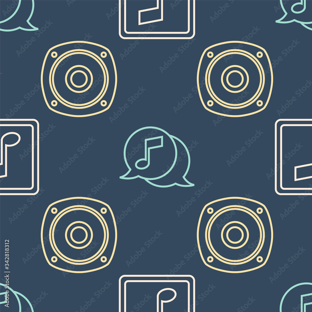 Set line Music note, tone, Stereo speaker and Musical note in speech bubble on seamless pattern. Vec