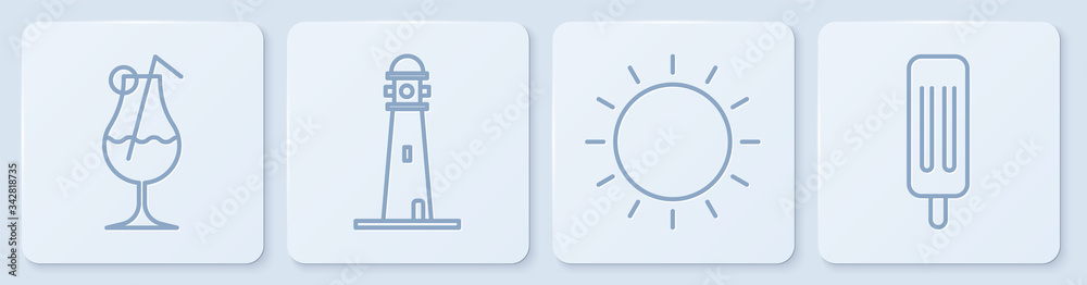 设线鸡尾酒和酒精饮料，太阳，灯塔和冰淇淋。白色方形按钮。矢量