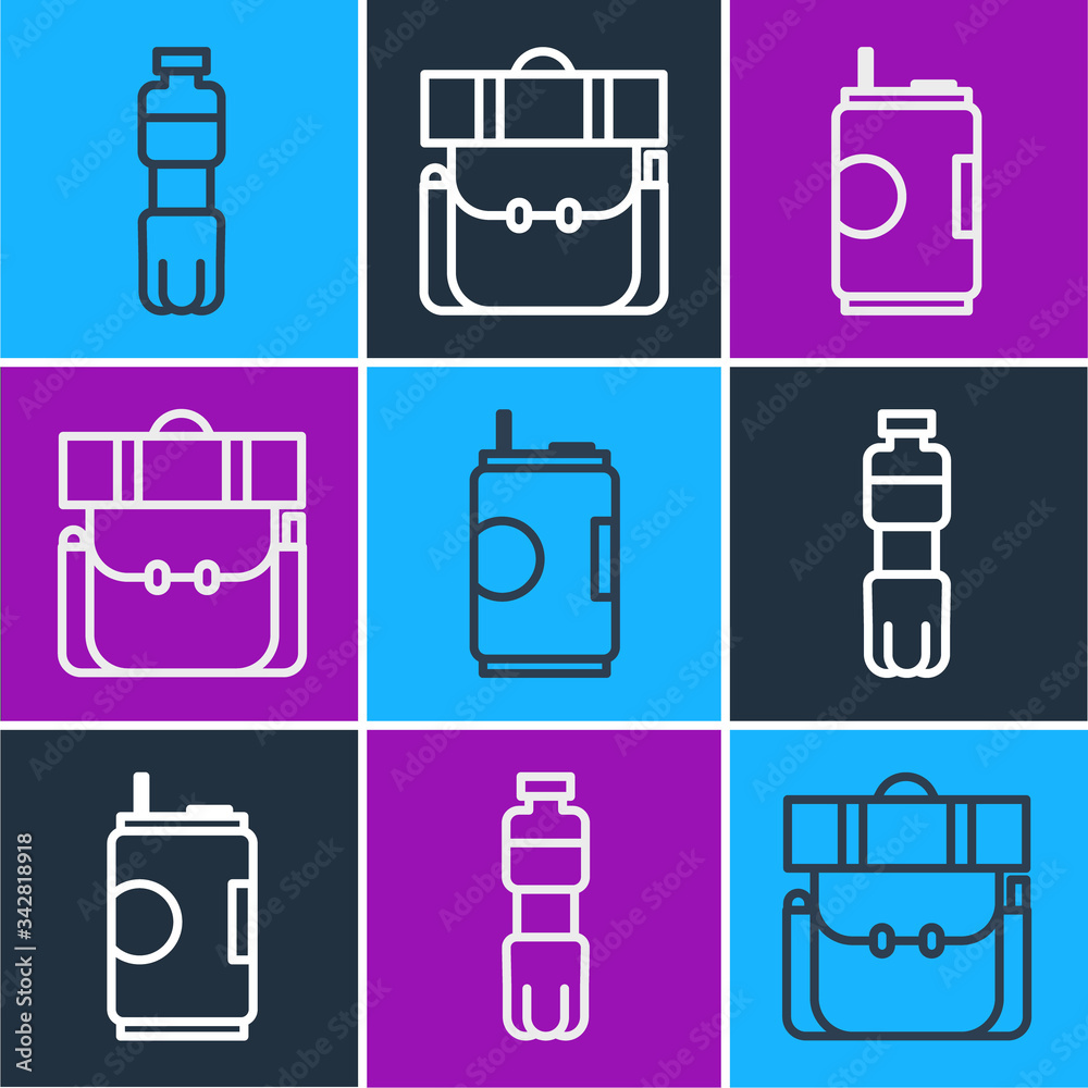 Set line Bottle of water, Soda can and Hiking backpack icon. Vector