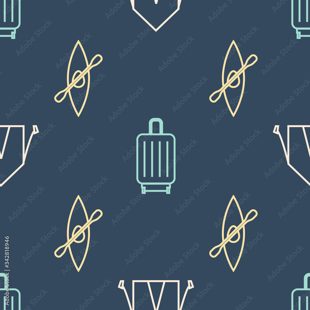 Set line Tourist tent, Kayak or canoe and paddle and Suitcase on seamless pattern. Vector