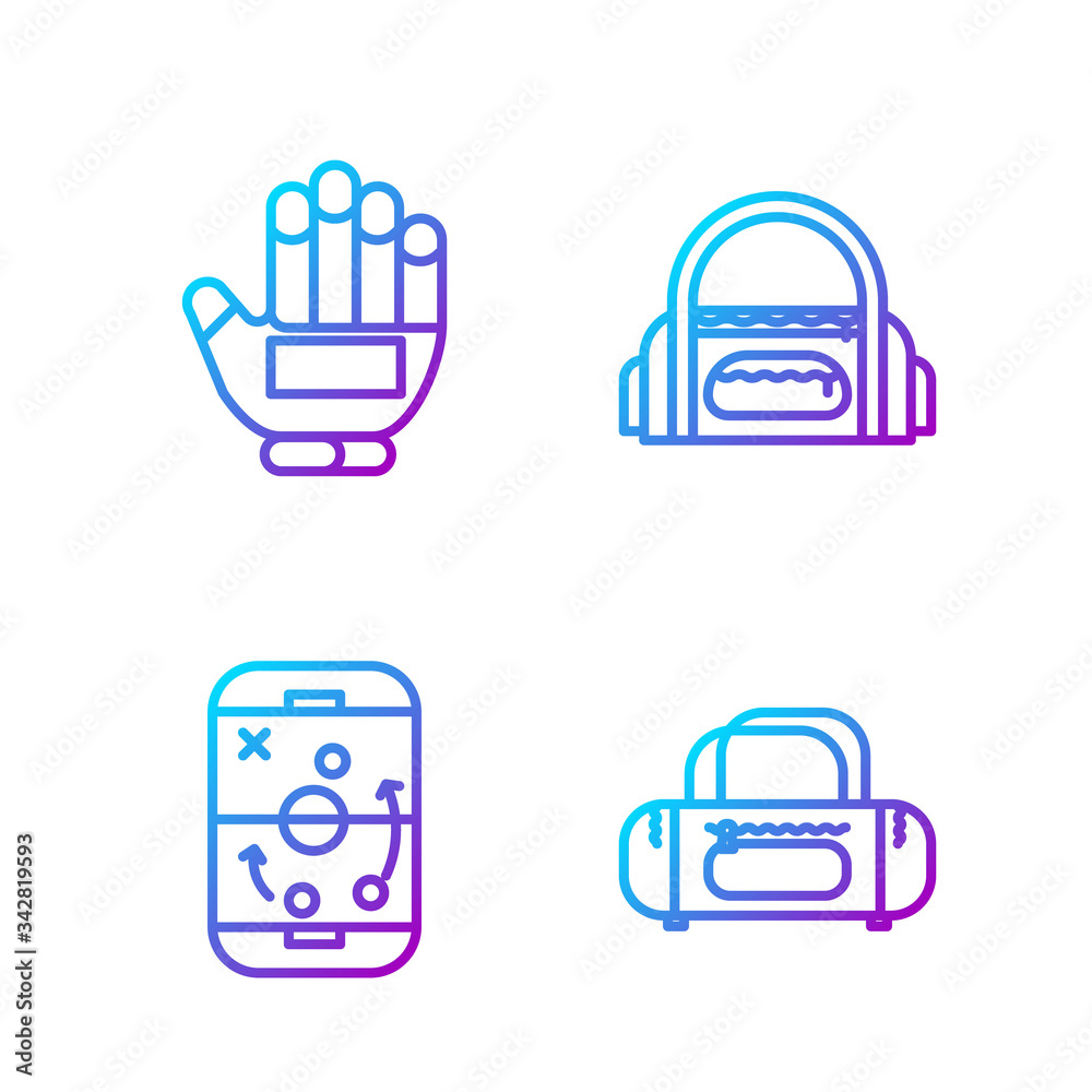 Set line Sport bag, Planning strategy, Hockey glove and Sport bag. Gradient color icons. Vector