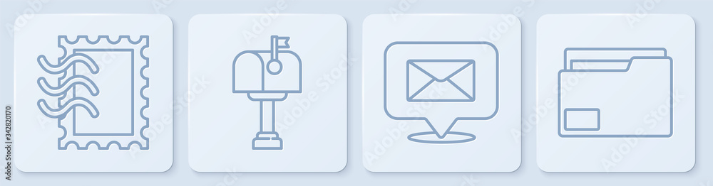 Set line Postal stamp, Speech bubble with envelope, Mail box and Document folder. White square butto