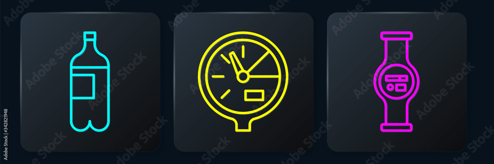 Set line Bottle of water, Water meter and Water meter. Black square button. Vector