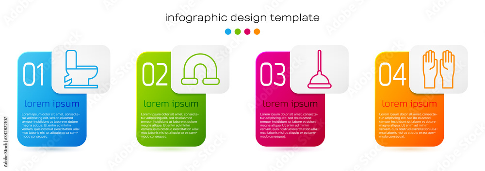 Set line Toilet bowl, Industry metallic pipe, Rubber plunger and Rubber gloves. Business infographic