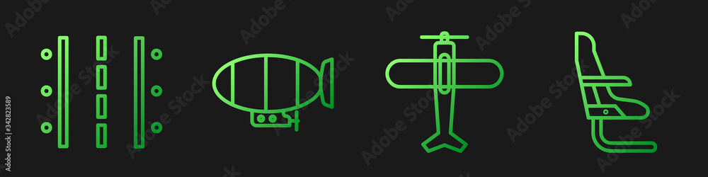 设置线路飞机、机场跑道、飞艇和飞机座椅。渐变色图标。矢量