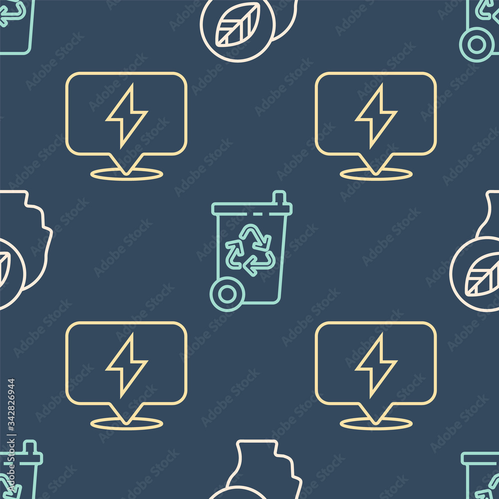 Set line Human head with leaf inside, Lightning bolt and Recycle bin with recycle on seamless patter