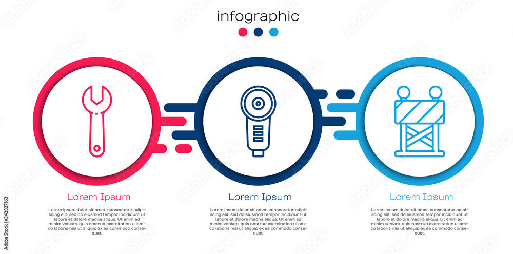 Set line Wrench spanner, Angle grinder and Road barrier. Business infographic template. Vector