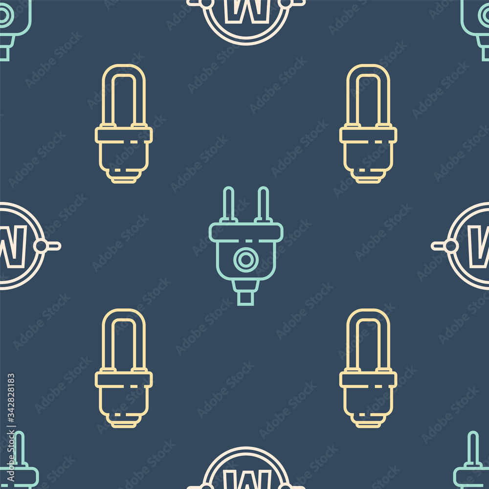 设置线路电路方案、LED灯泡和无缝图案的电插头。矢量