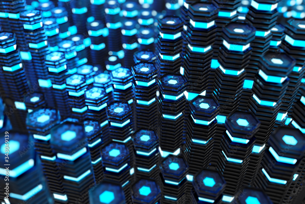 Metallic black and blue glowing hexagons moving pillars background 3D rendering