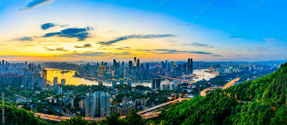 Chongqing city skyline and architectural landscape at sunset,China.