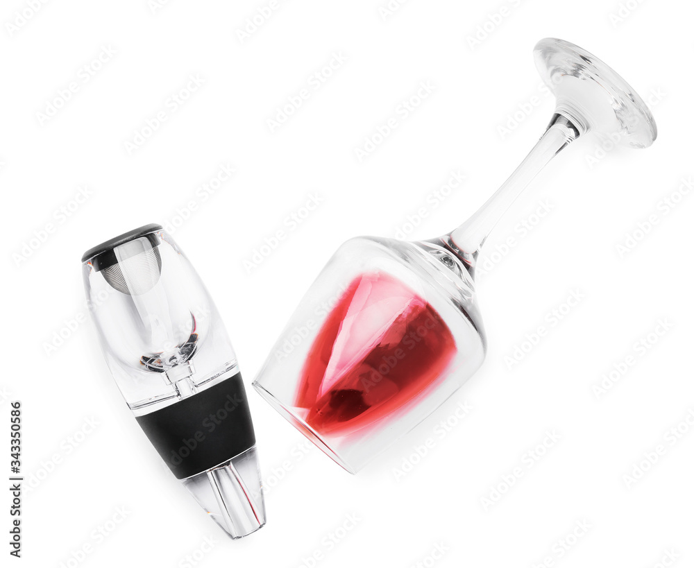 Wine aerator and glass on white background