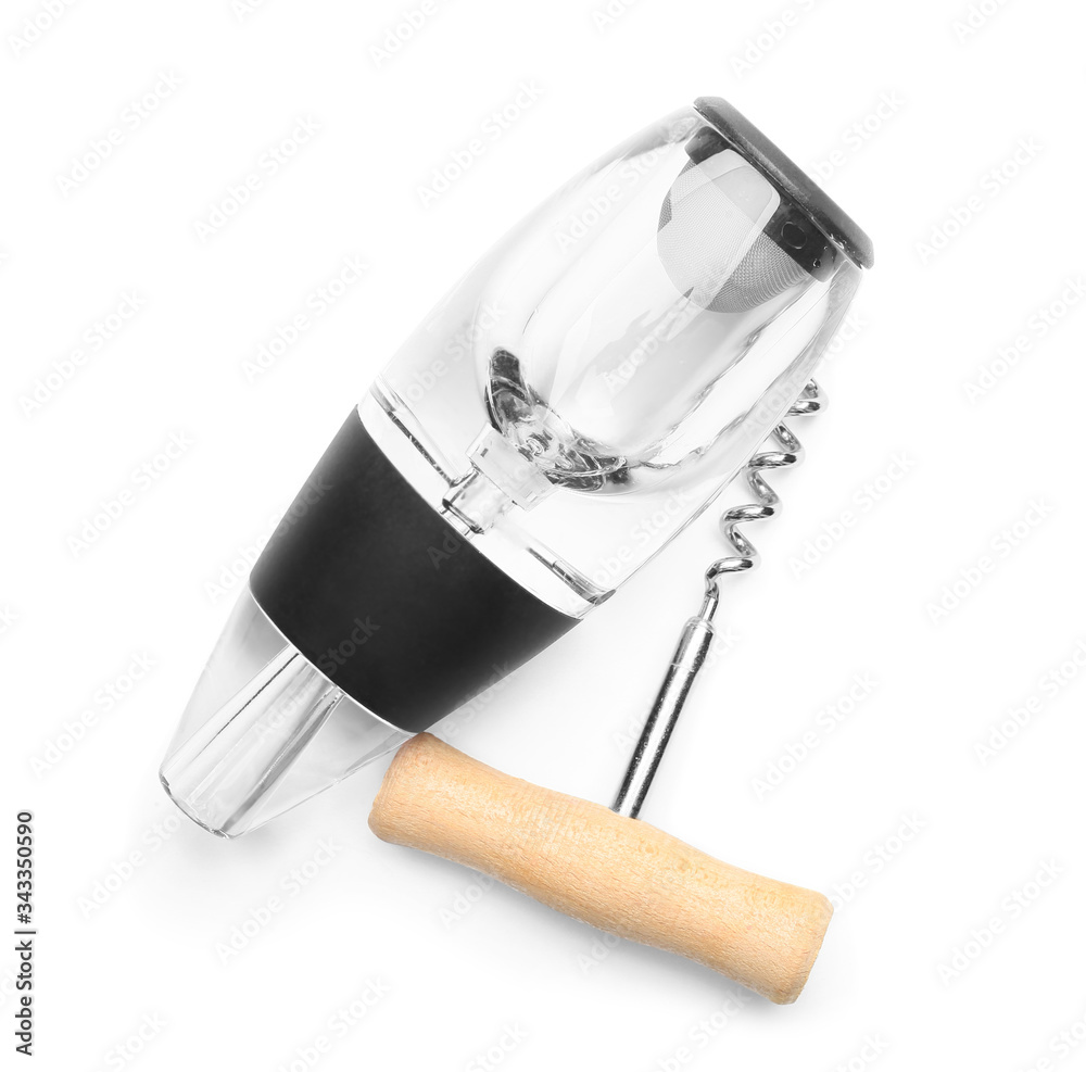 Wine aerator and corkscrew on white background