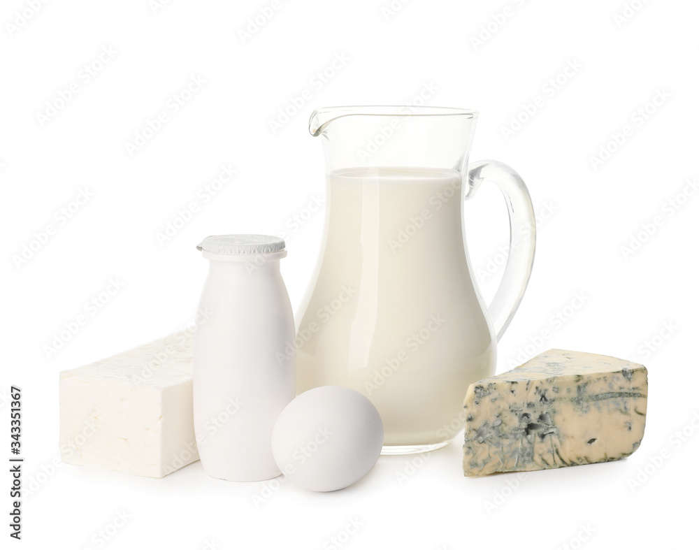 Different dairy products without lactose on white background