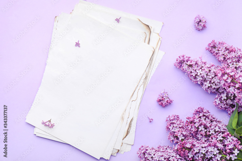 Beautiful lilac flowers and blank paper sheets on color background