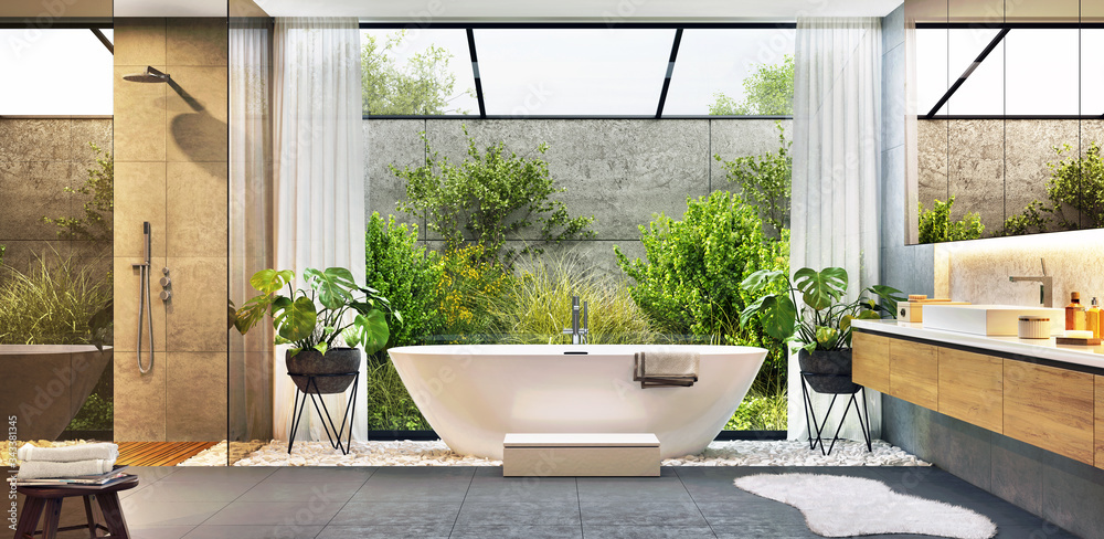 Luxurious modern bathroom with bathtub and large window