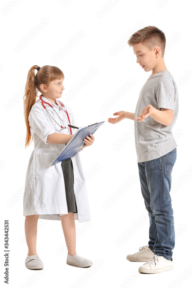 Cute little doctor with patient on white background