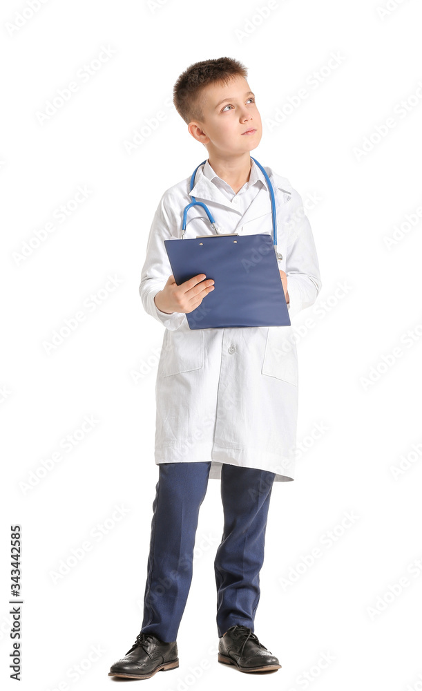 Cute little doctor on white background