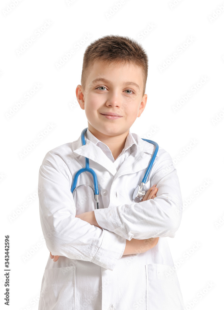 Cute little doctor on white background