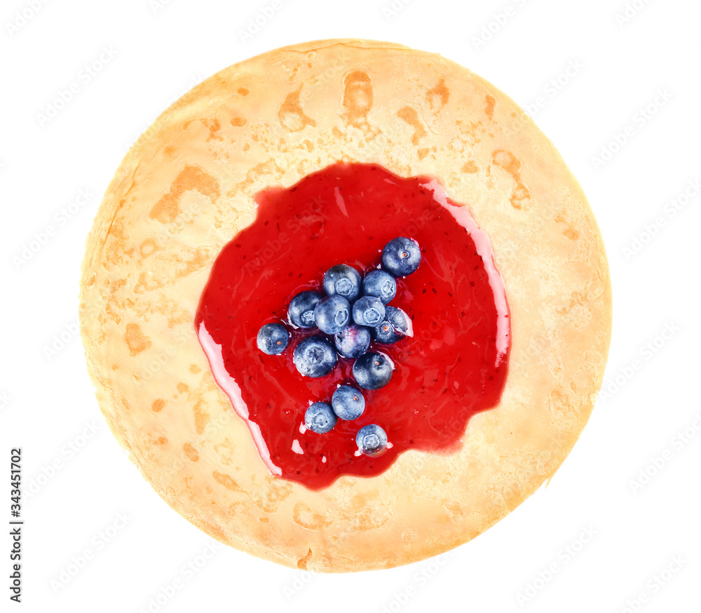 Tasty blini with berries on white background