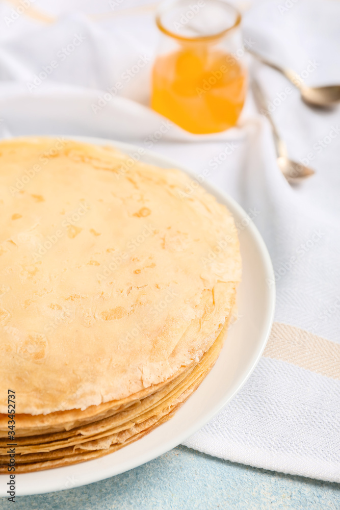 Tasty blini on table, closeup