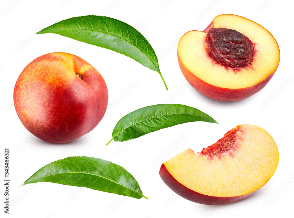 Nectarine fruit and half with leaf