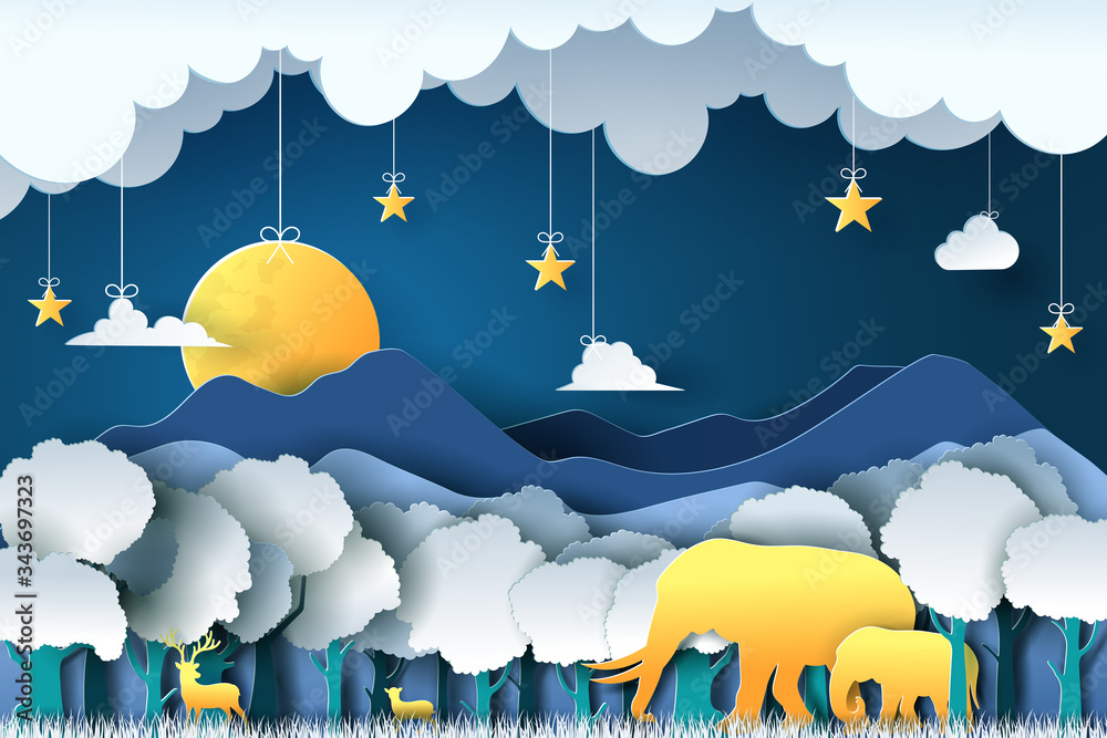 Paper art and digital craft style of world wildlife animal, world environment with full moon, star, 