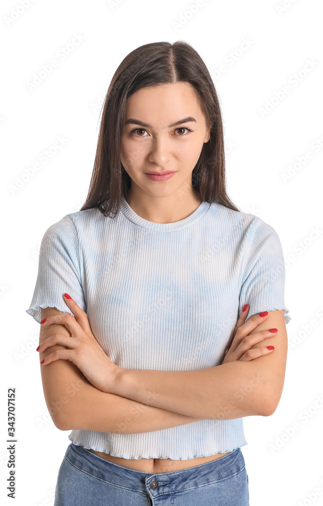 Portrait of beautiful young woman on white background