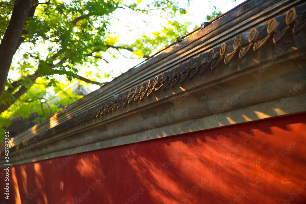 Background of Red wall with green tree’s shadow on it,  Ancient Chinese architecture details