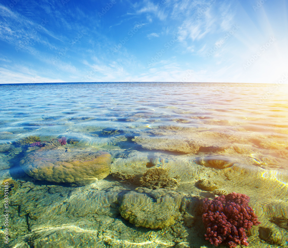 Sea with coral reef and clouds