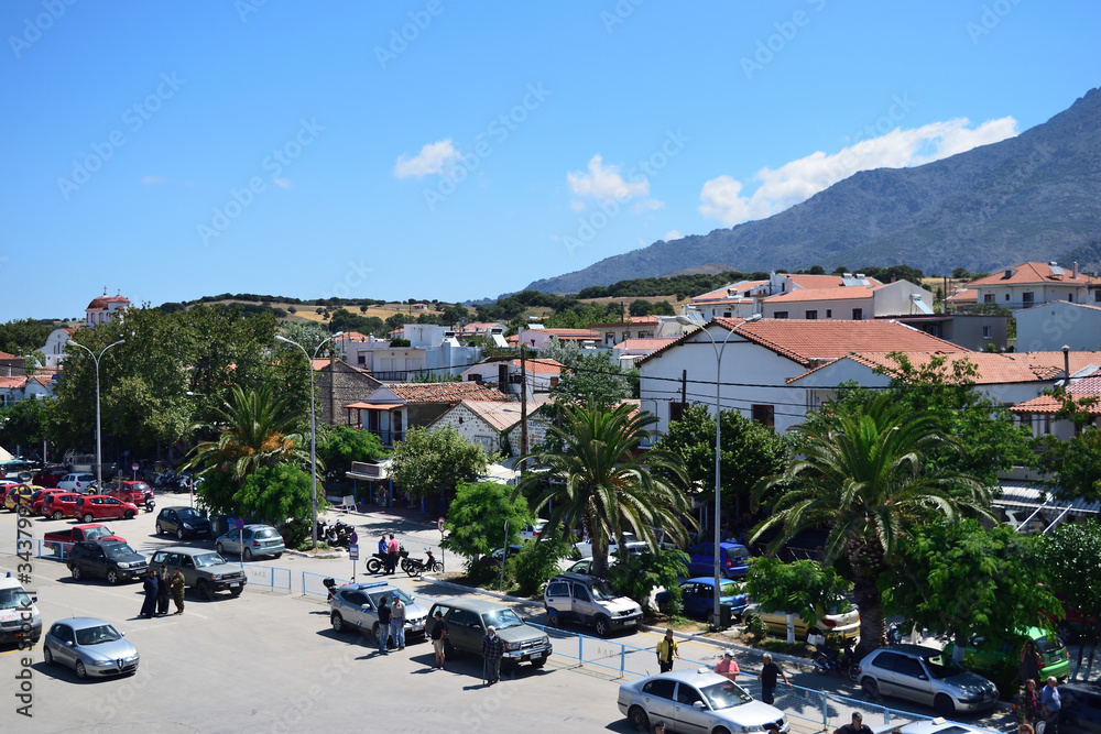 View of Kamariotissa town (Samothraki harbor) taken from ferry