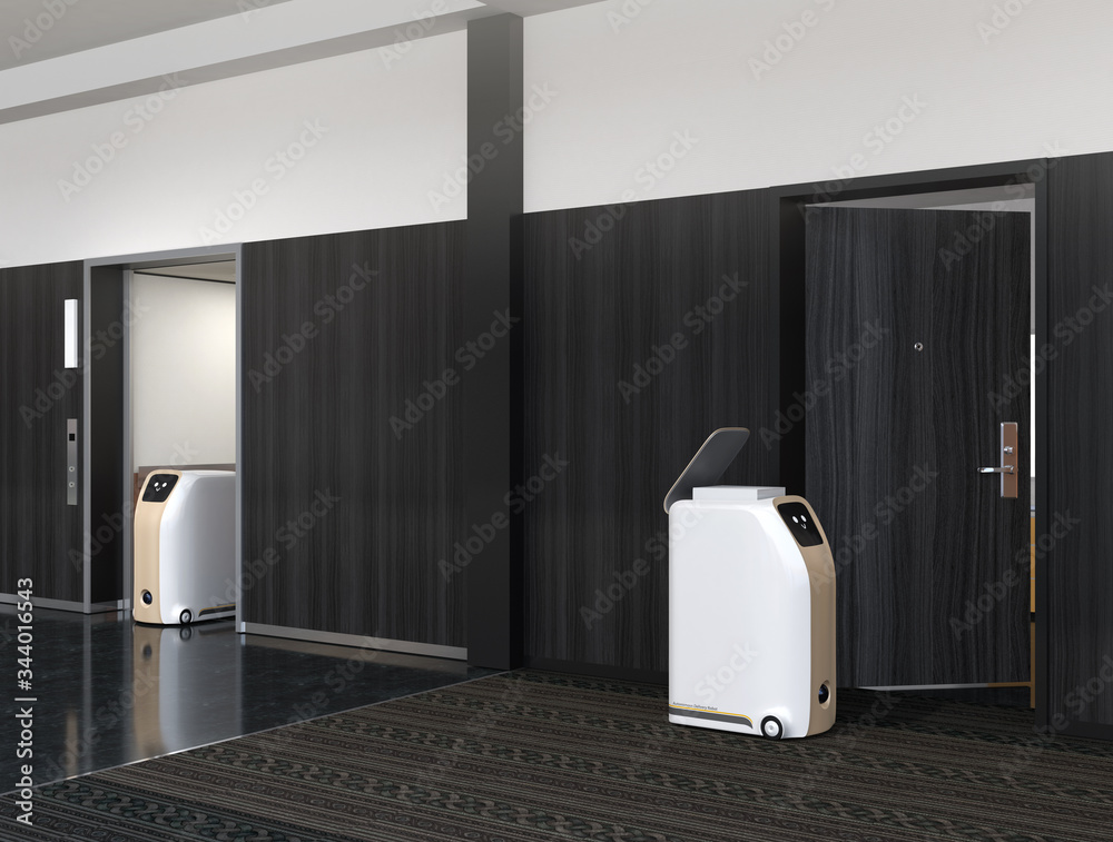 Delivery robots working in hotel. Touchless delivery concept. 3D rendering image.