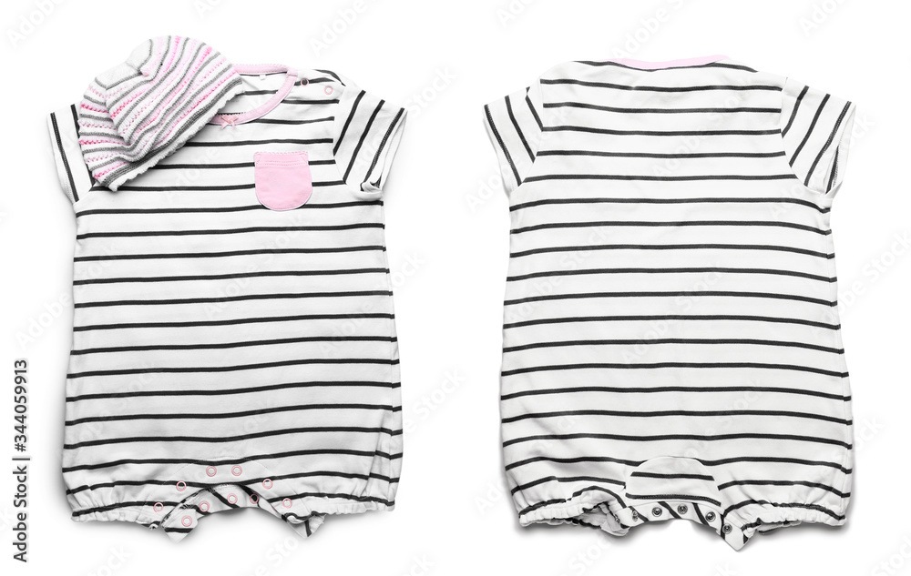 Front and back view of baby bodysuit on white background