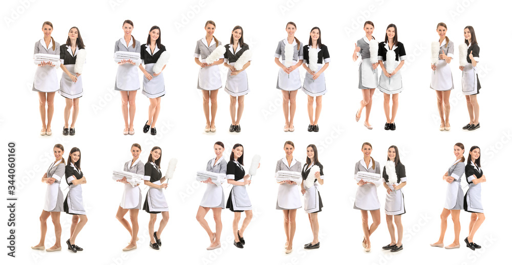 Set of beautiful chambermaids on white background