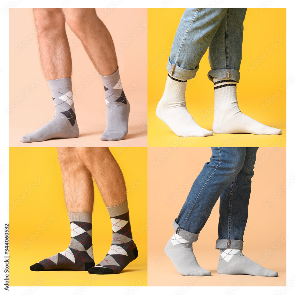 Male legs in different socks on colorful background