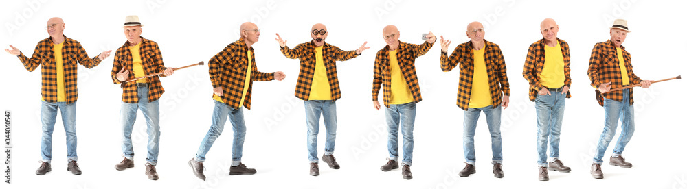 Collage with elderly man on white background