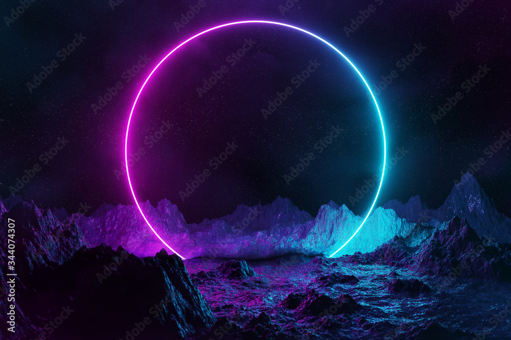 Abstract background with blue and pink neon light circle reflecting on asteroid ground 3D rendering