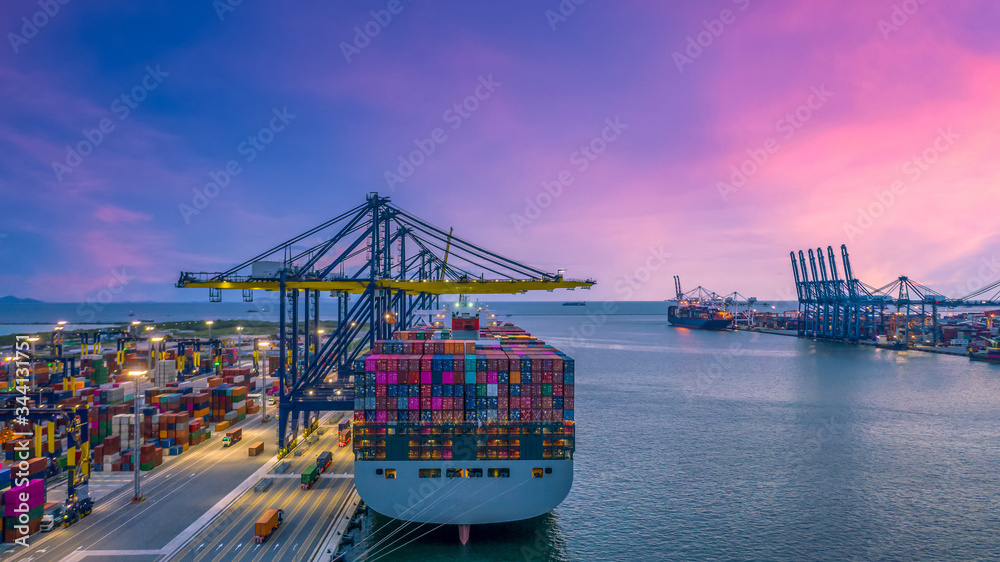 Container cargo ship at industry sea port, import export commerce global business trade logistic and