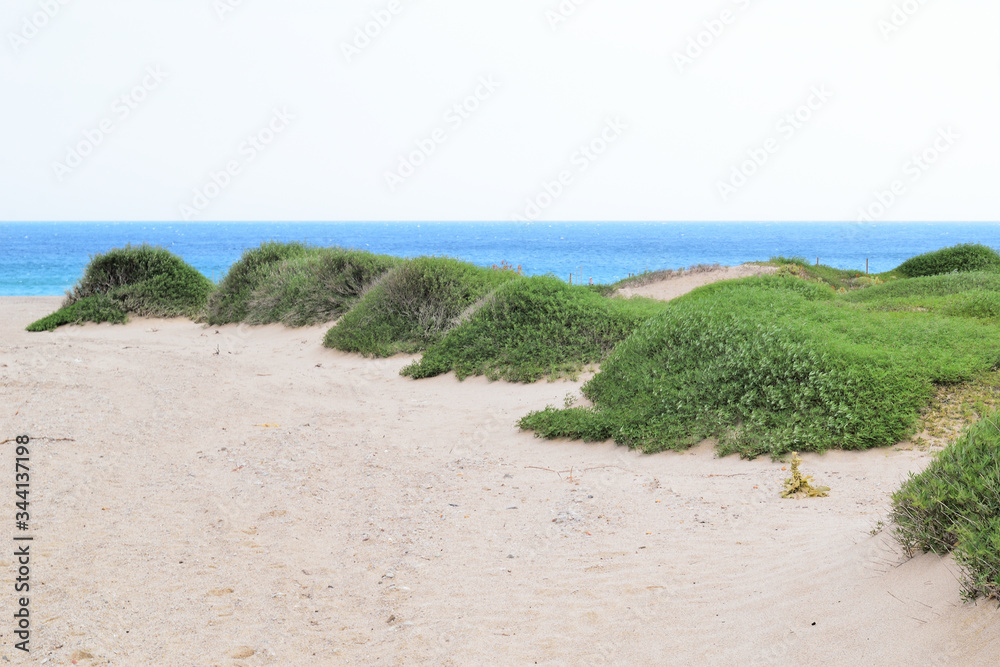 帕奇亚阿莫斯海滩的半沙漠景观-希腊萨莫特拉基岛，爱琴海