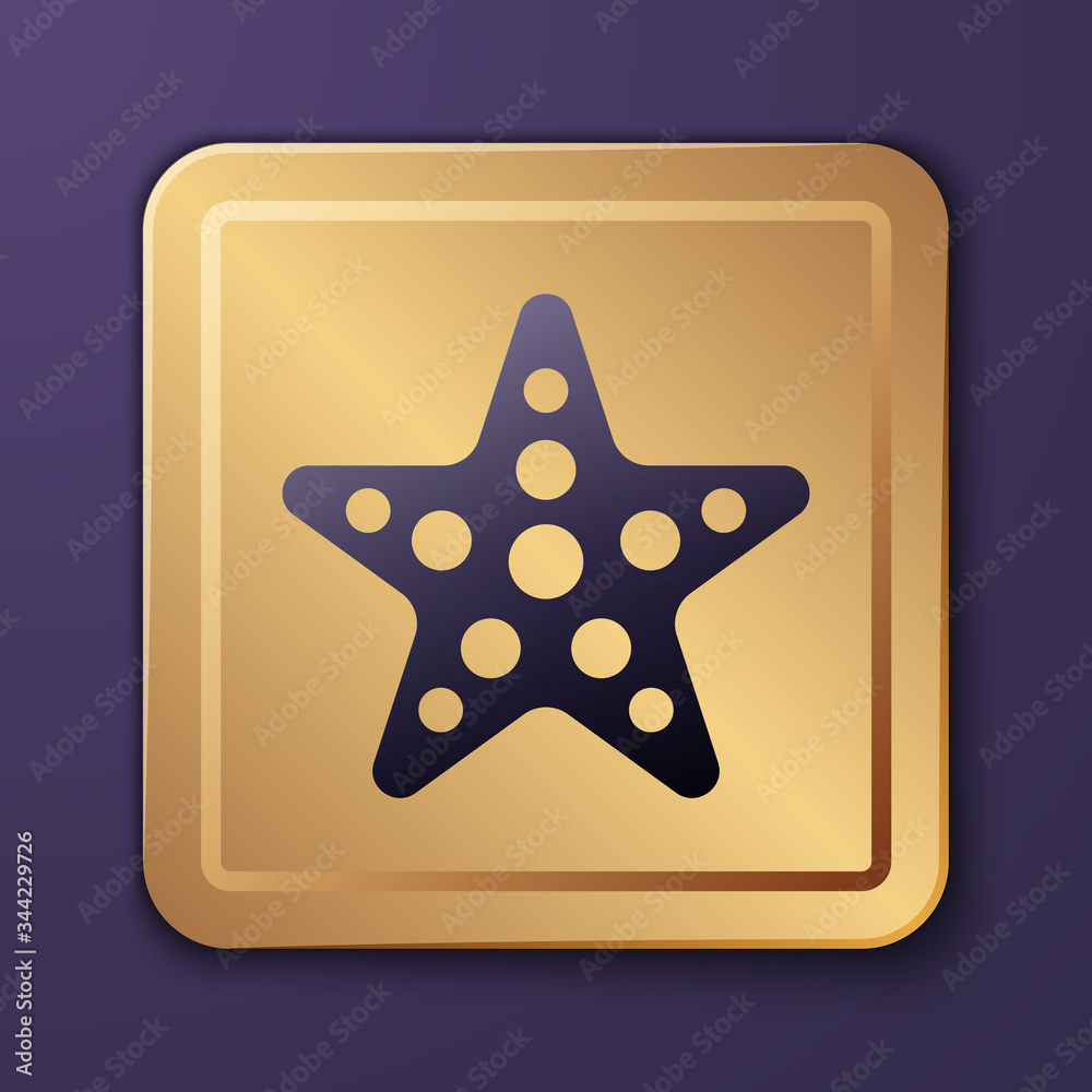 Purple Starfish icon isolated on purple background. Gold square button. Vector Illustration