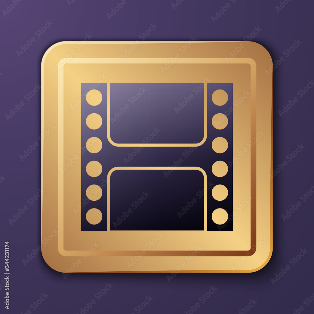 Purple Play Video icon isolated on purple background. Film strip sign. Gold square button. Vector Il