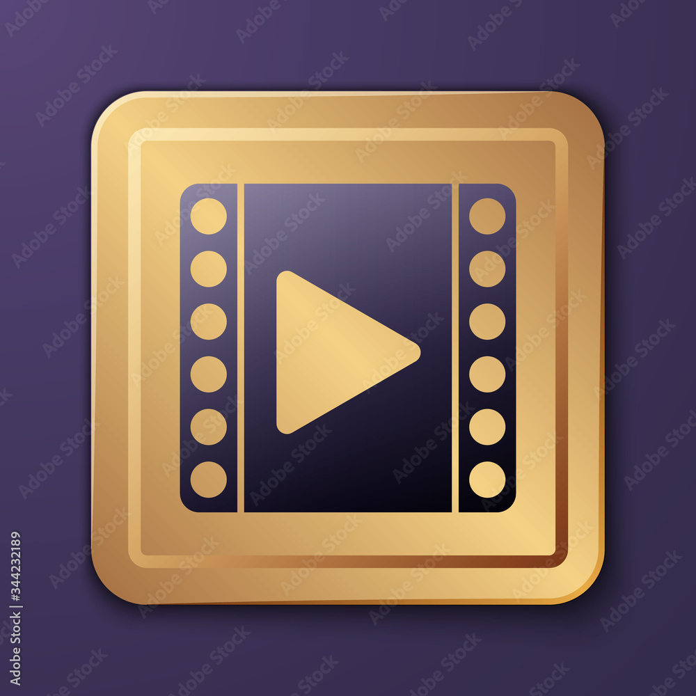 Purple Play Video icon isolated on purple background. Film strip sign. Gold square button. Vector Il