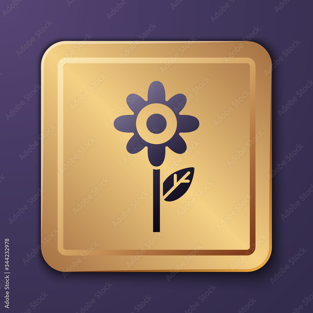 Purple Flower icon isolated on purple background. Gold square button. Vector Illustration