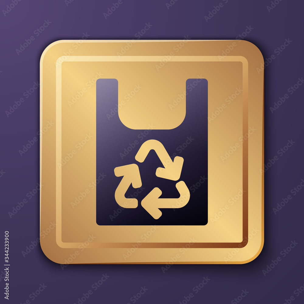 Purple Plastic bag with recycle icon isolated on purple background. Bag with recycling symbol. Gold 