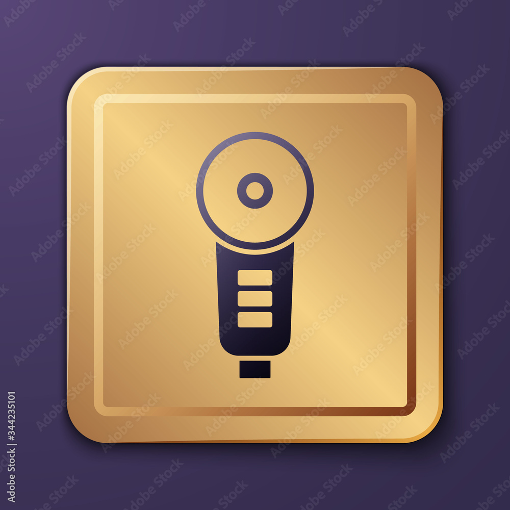 Purple Angle grinder icon isolated on purple background. Gold square button. Vector Illustration