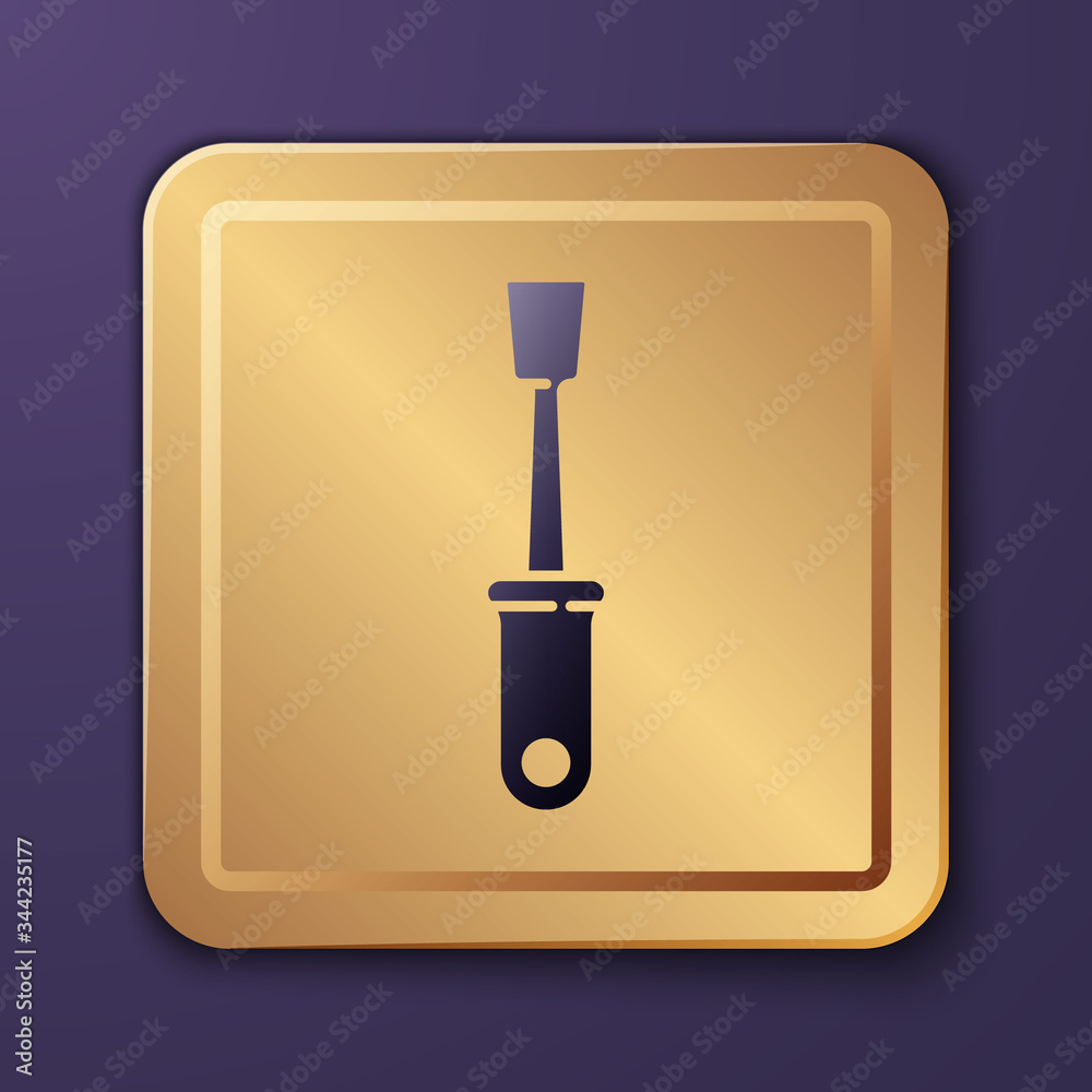 Purple Screwdriver icon isolated on purple background. Service tool symbol. Gold square button. Vect